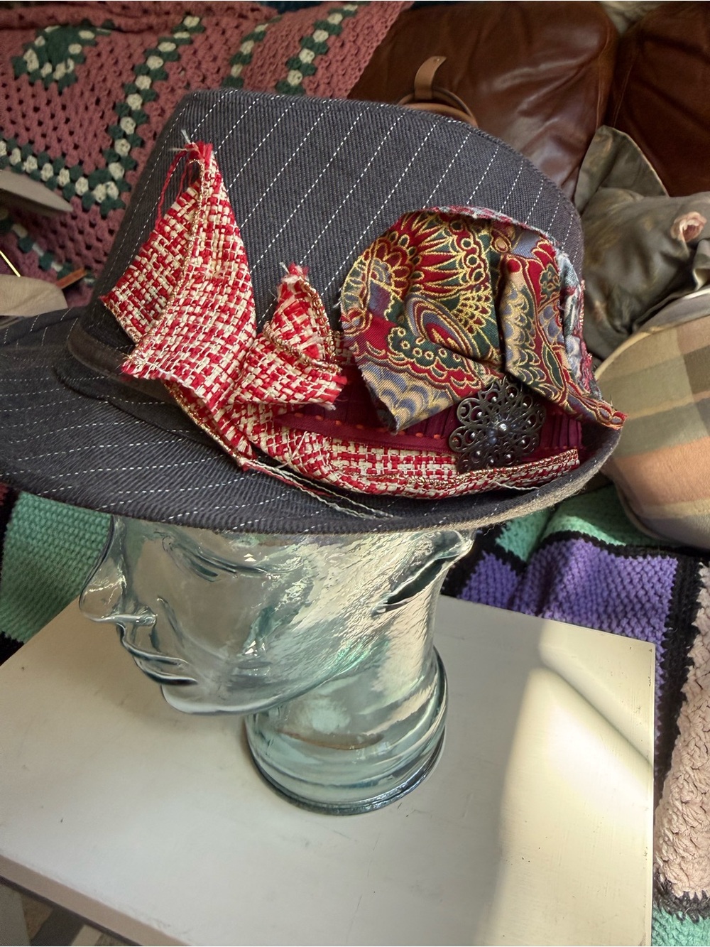 Hand Embellished Pinstripe Fedora with Red Tweed & Paisley Accents